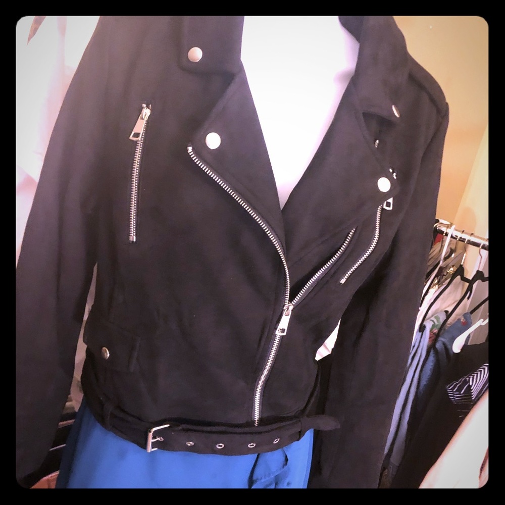 Black faux suede motorcycle jacket